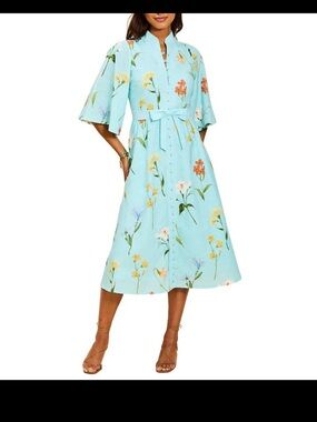 Carmen Garden Waltz Print Mandarin Collar 3/4 Butterfly Sleeve Midi Dress